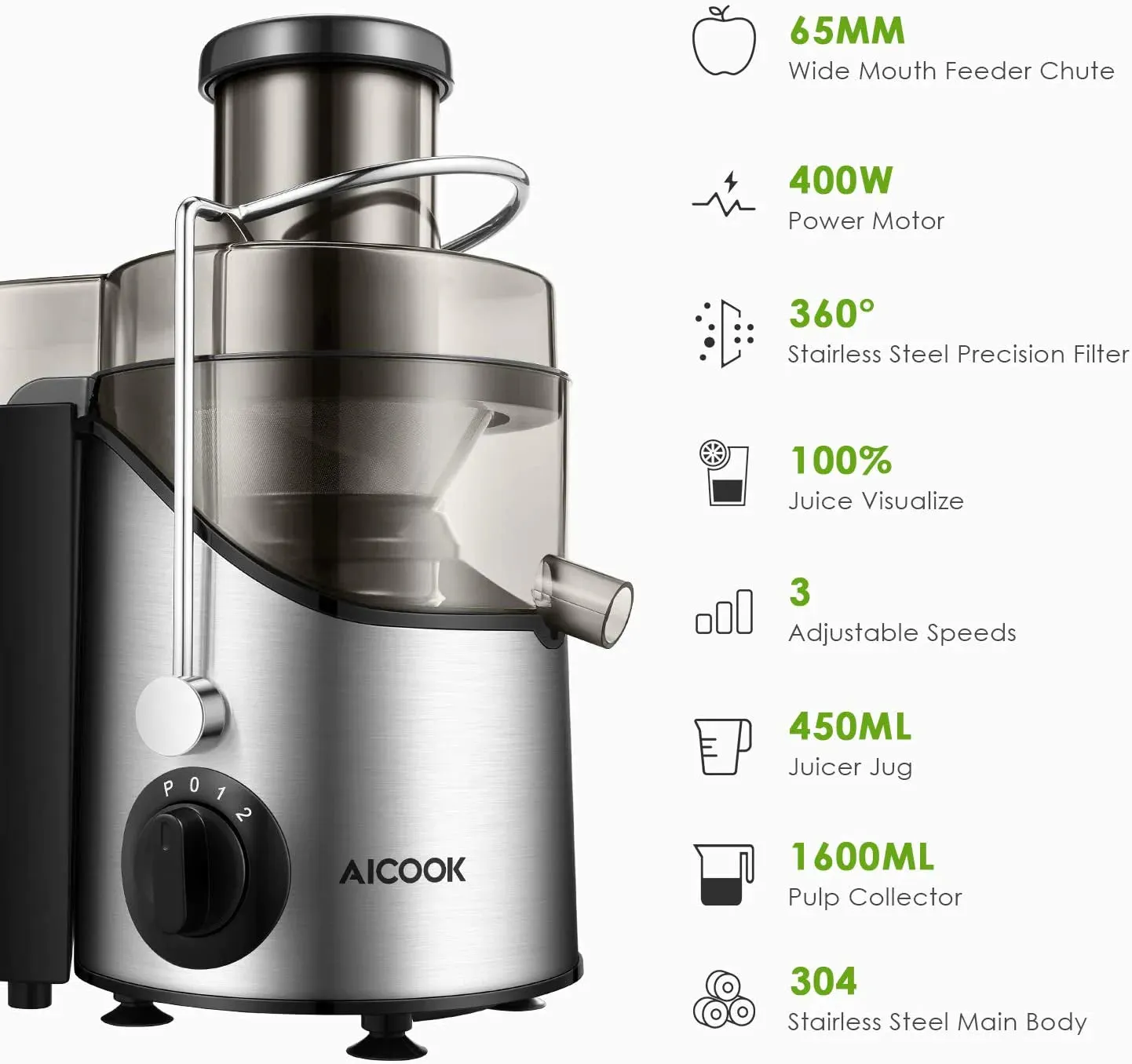 3-Speeds Centrifugal Juicer Extractor with 3" Wide Feed Chute, Stainless Steel Juicer BPA-Free