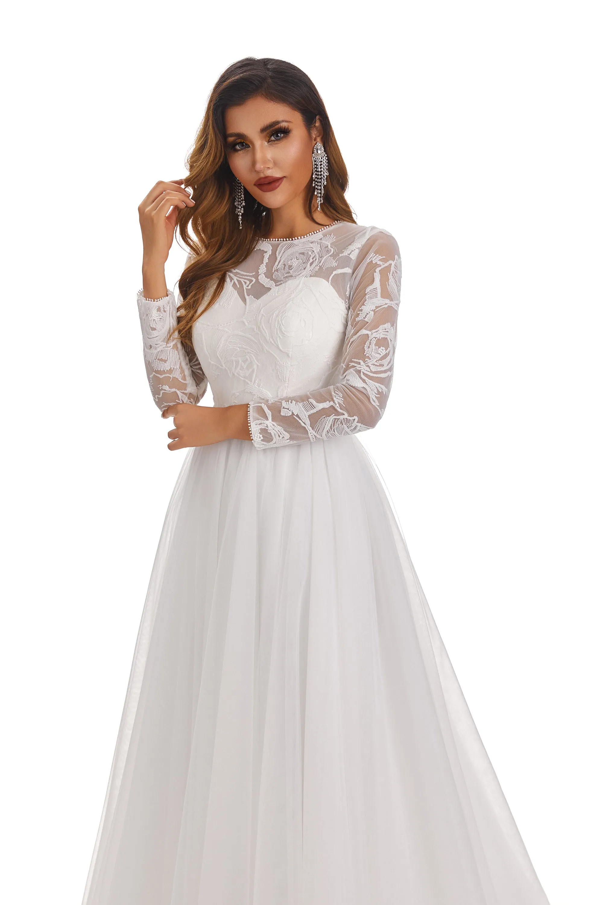 A-Line Round Neck Long Sleeves Tulle Wedding Dress With Lace Appliques