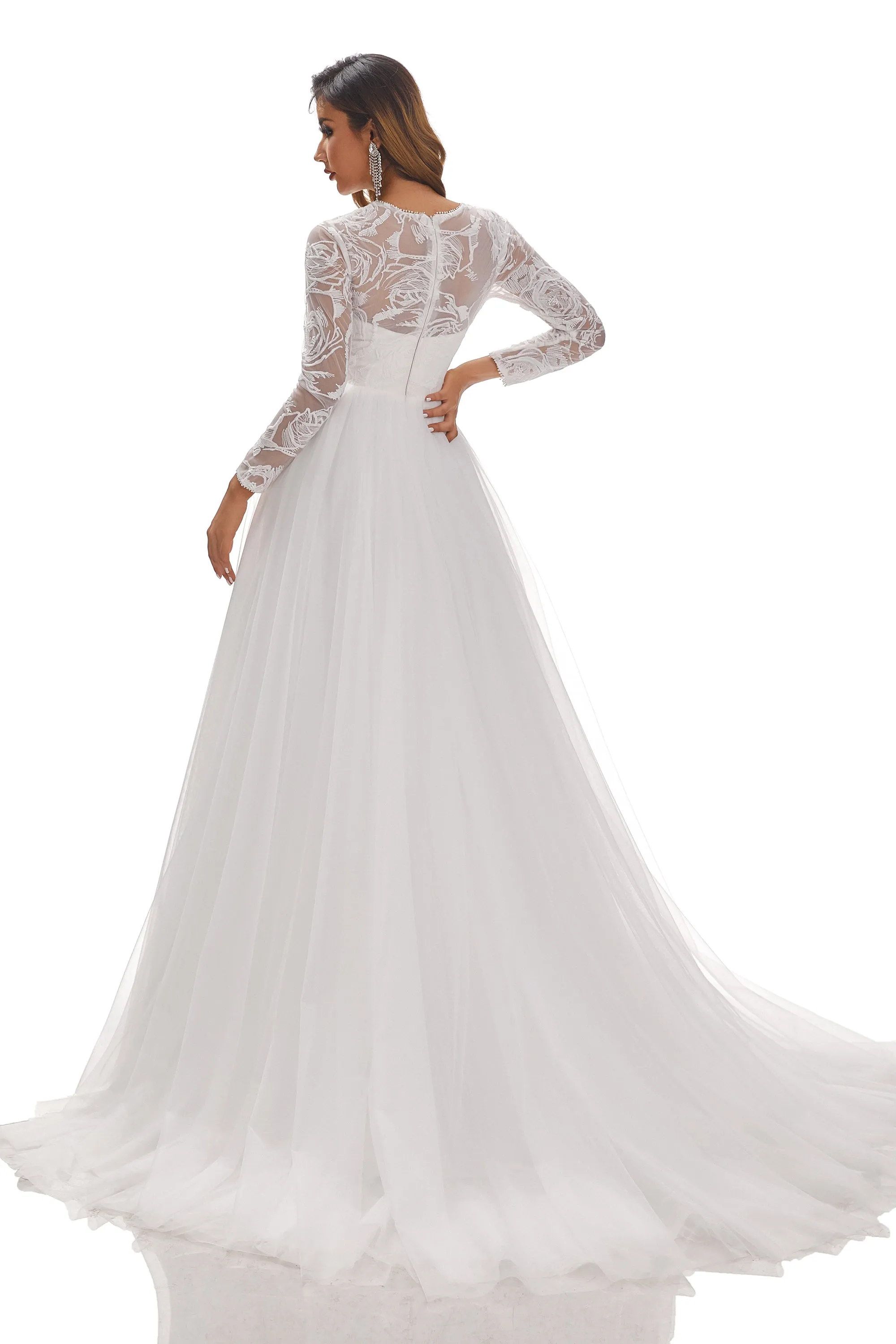 A-Line Round Neck Long Sleeves Tulle Wedding Dress With Lace Appliques