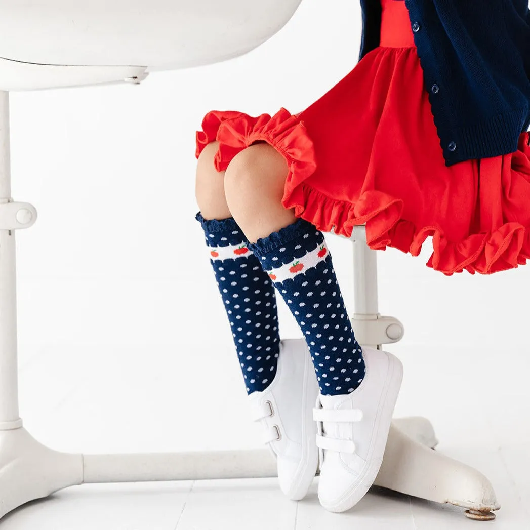 Apple Lace Top Knee High Socks - Bright Navy