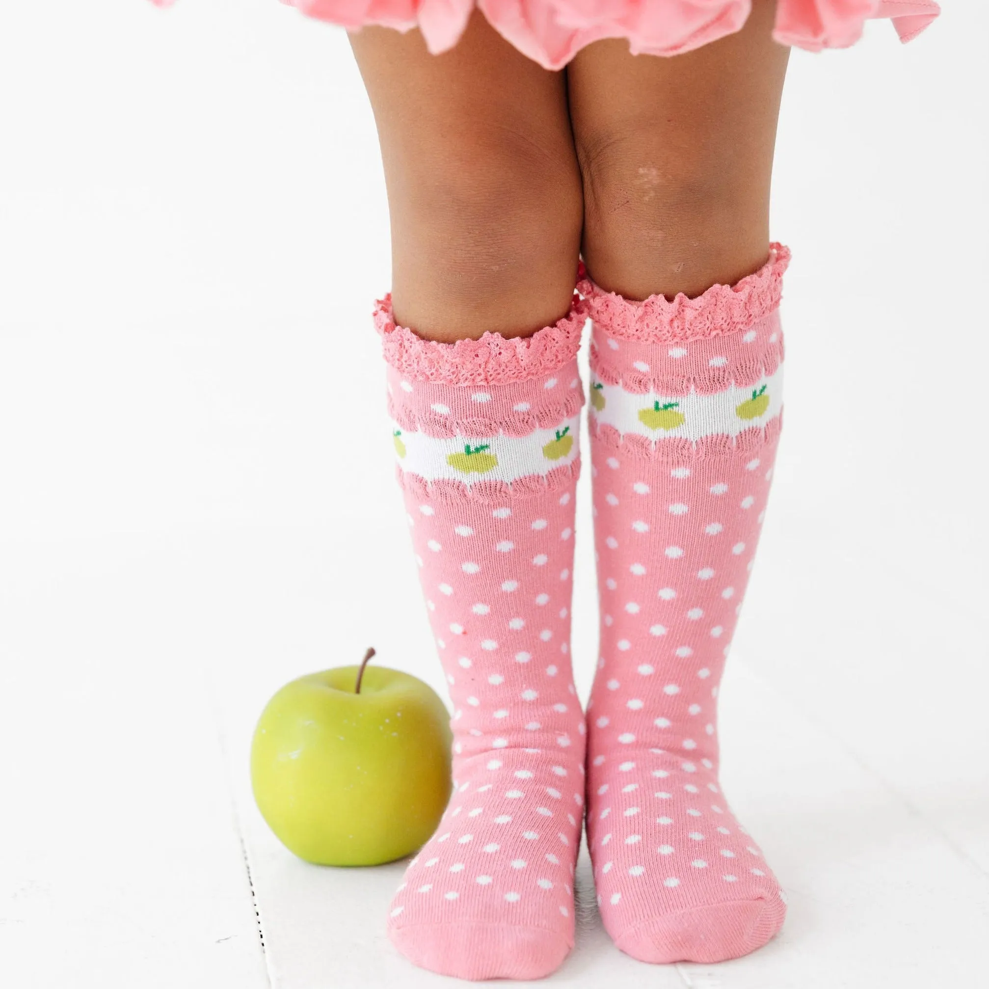 Apple Lace Top Knee High Socks - Pink Pearl