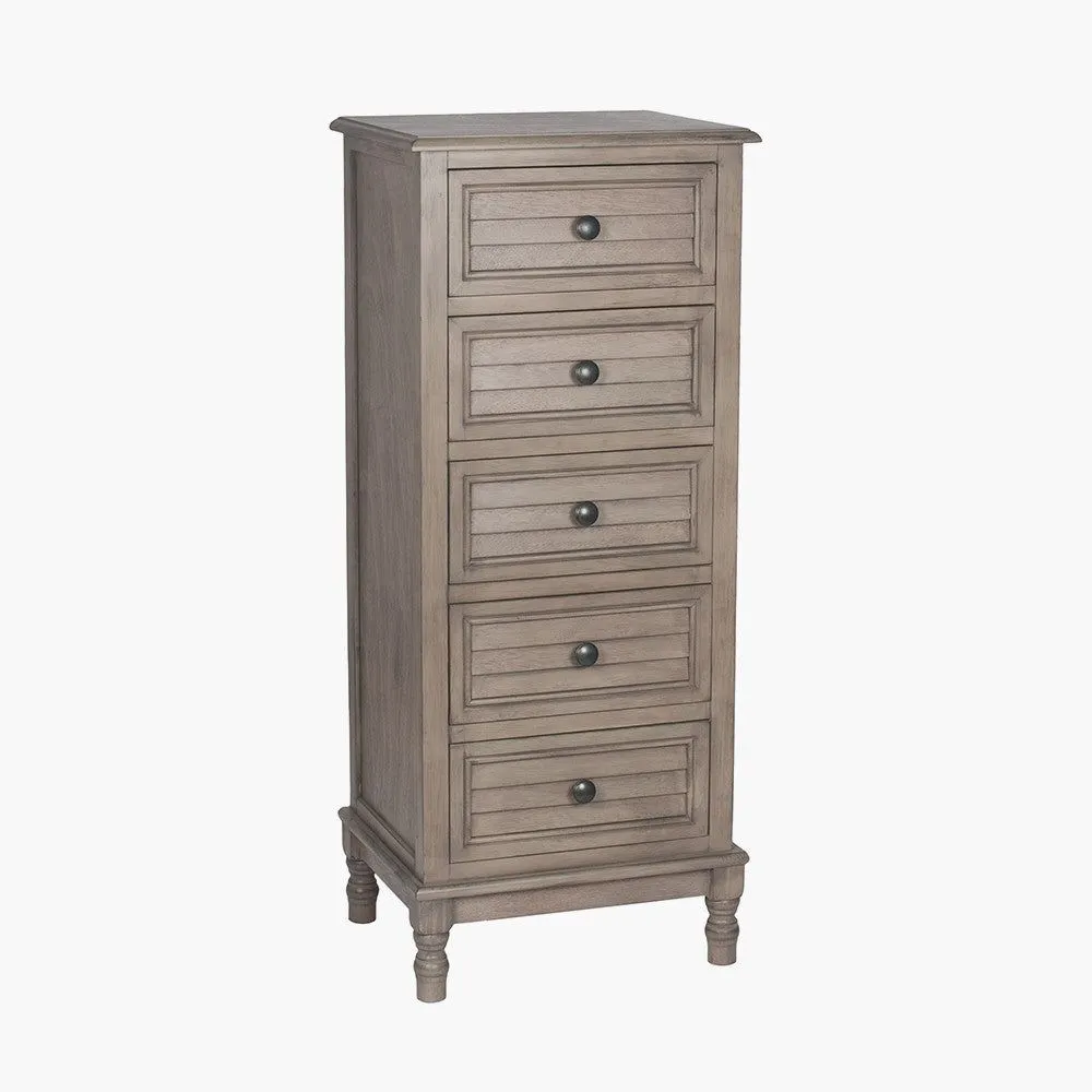 Ashwell Taupe 5 Drawer Tall Boy - Pine Wood Finish