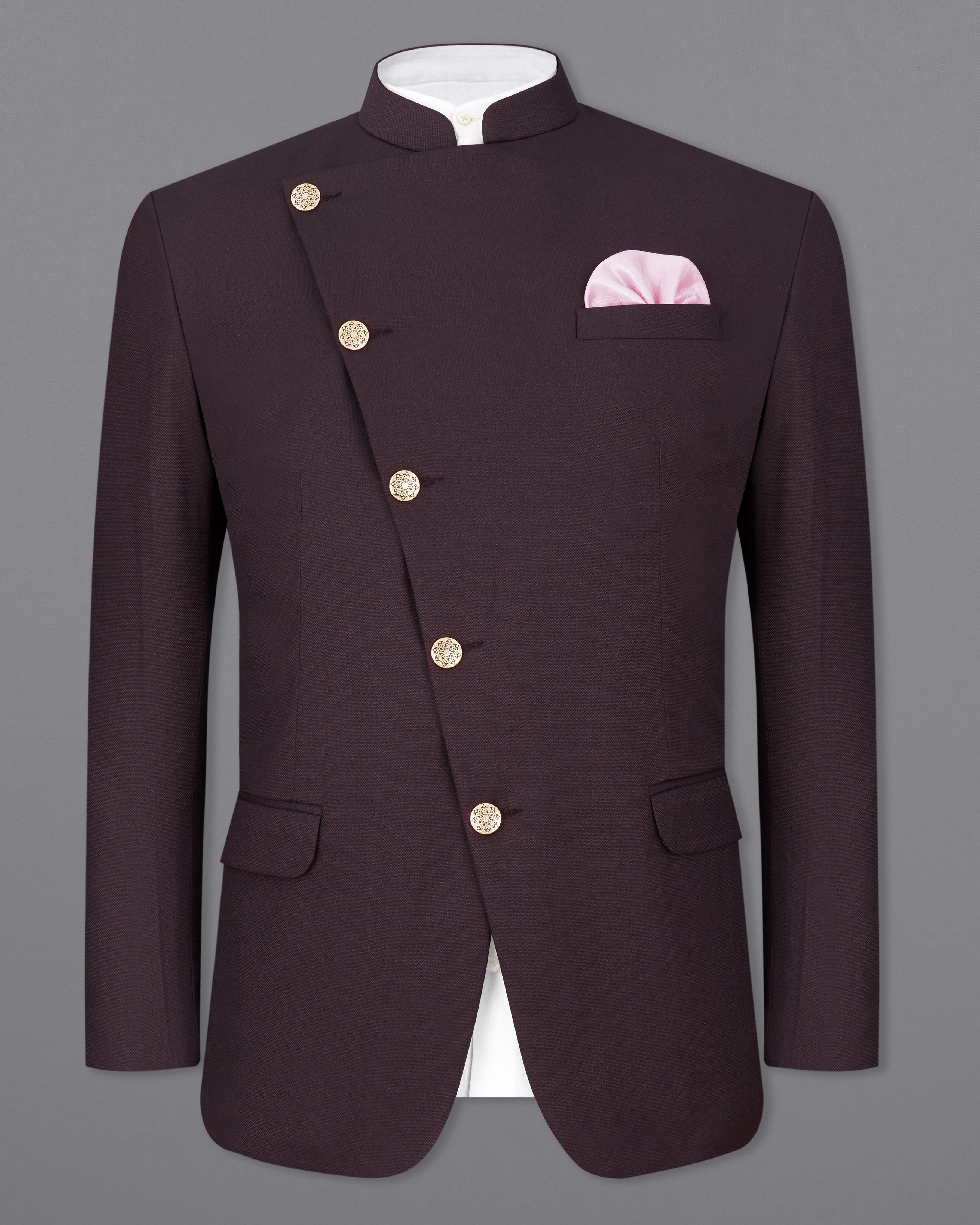 Aubergine Maroon Cross Placket Bandhgala Blazer