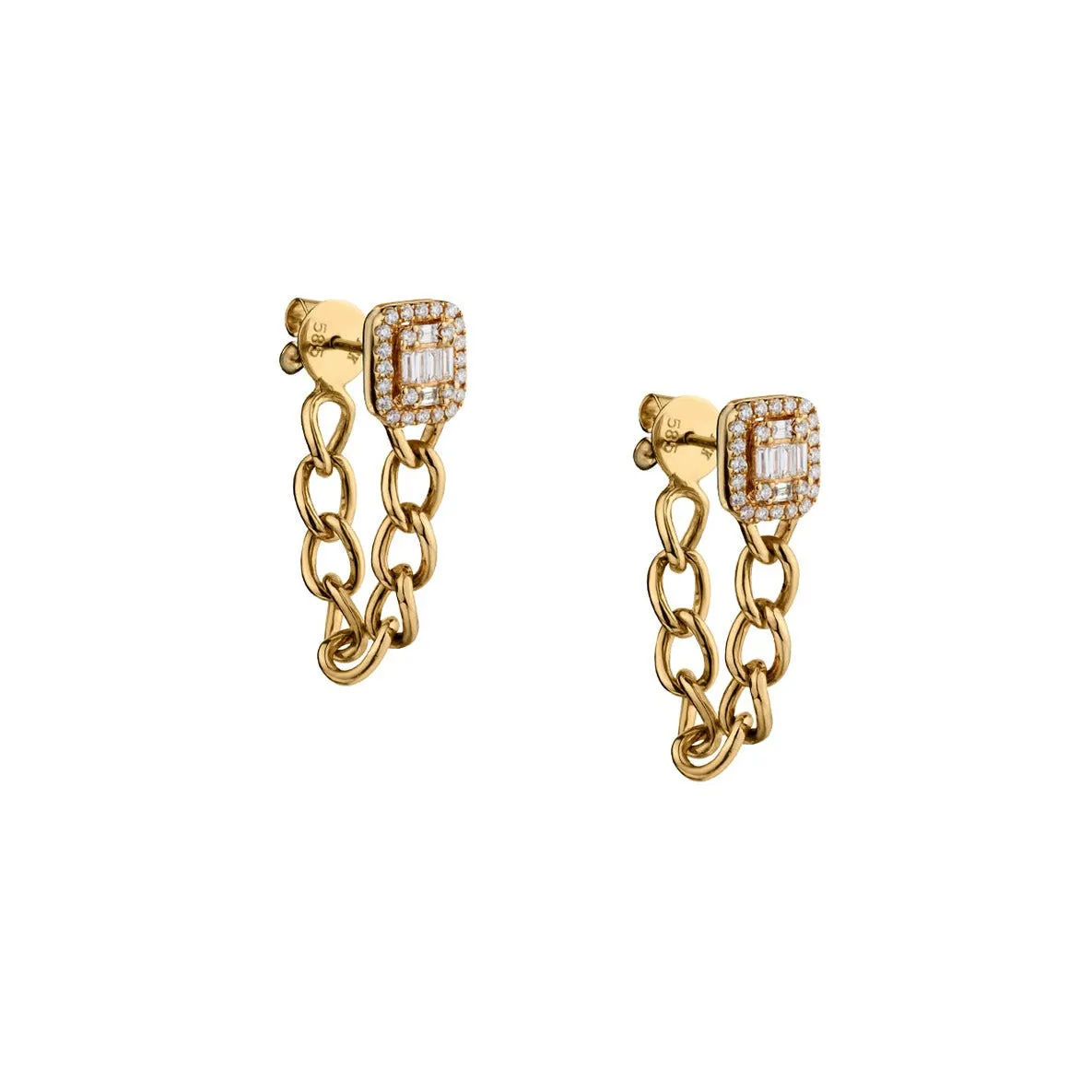 BAGUETTE & ROUND DIAMOND DROP LINK CHAIN EARRINGS