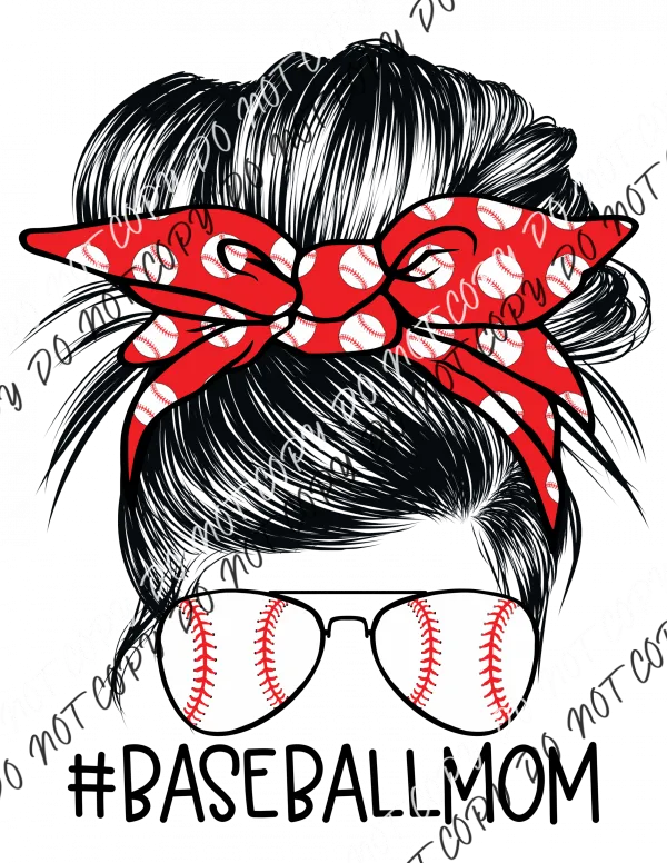 Baseball Mom Messy Bun Red and White DTF Transfer