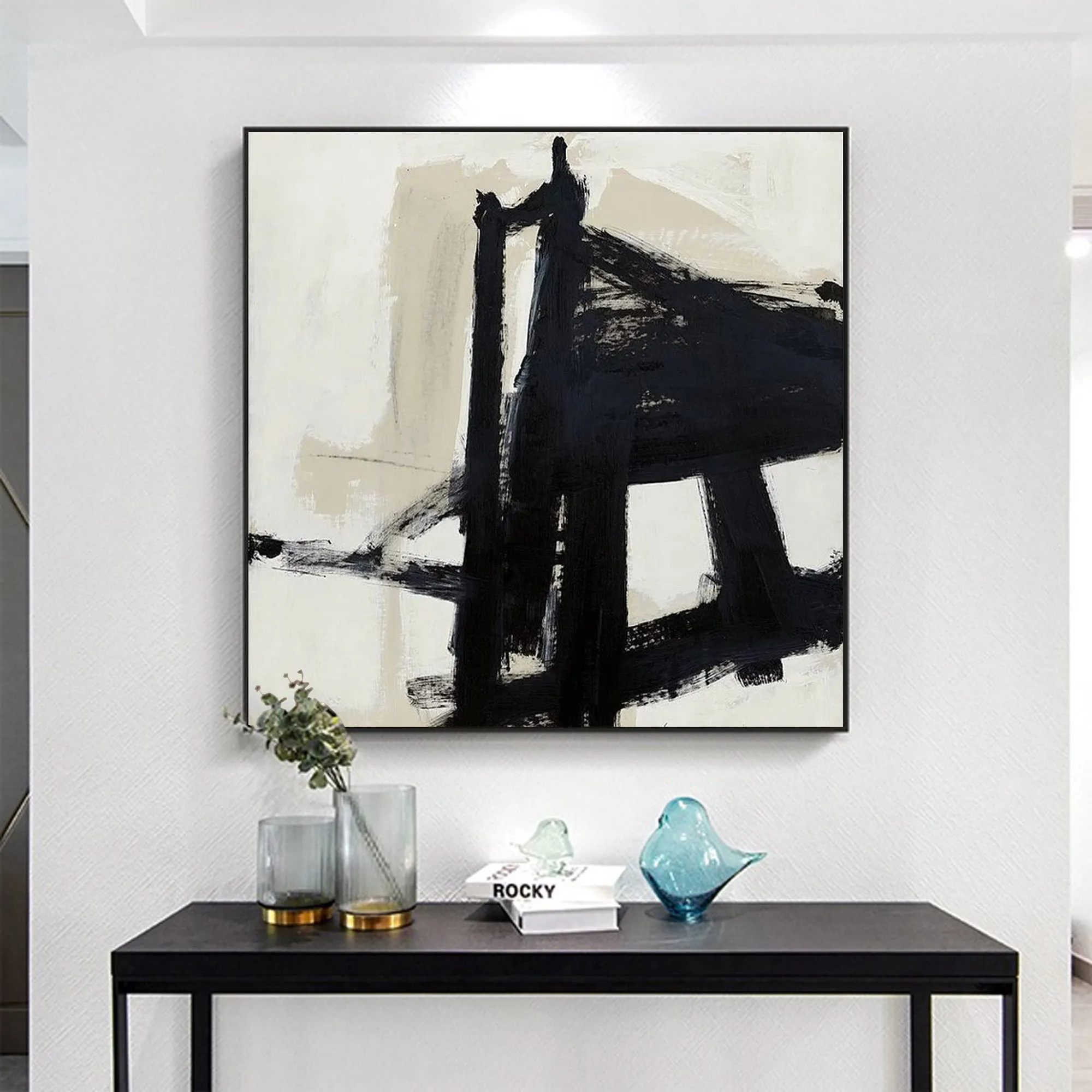 Black and White Abstract Painting on Canvas Minimalist Art Op015