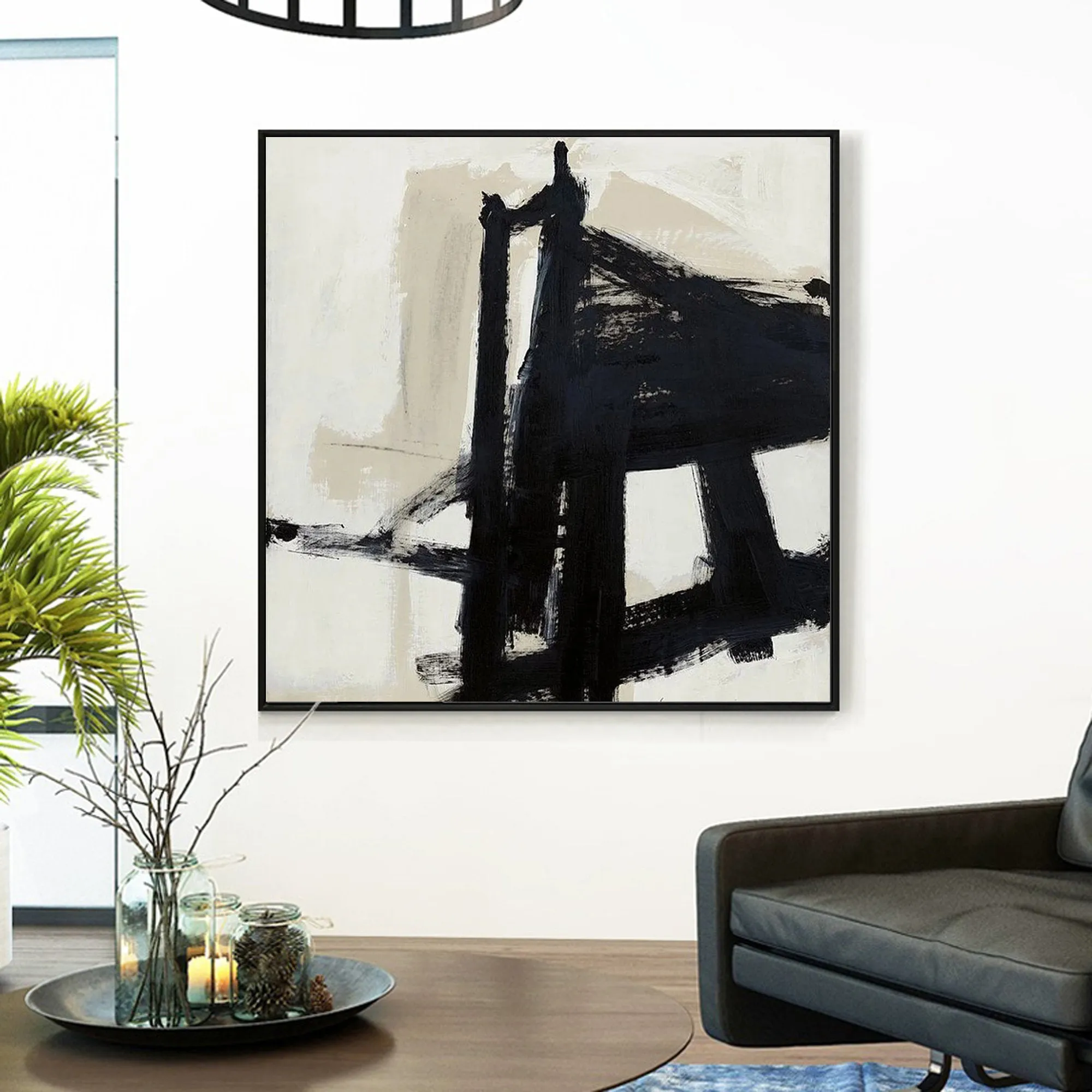 Black and White Abstract Painting on Canvas Minimalist Art Op015