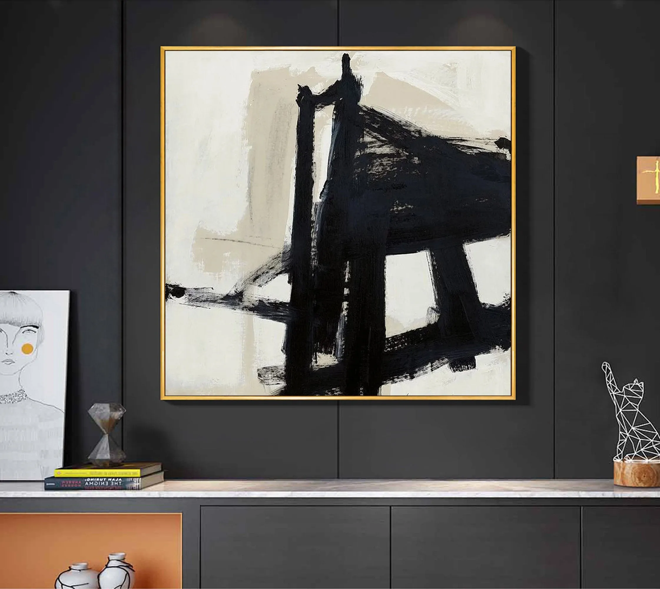 Black and White Abstract Painting on Canvas Minimalist Art Op015