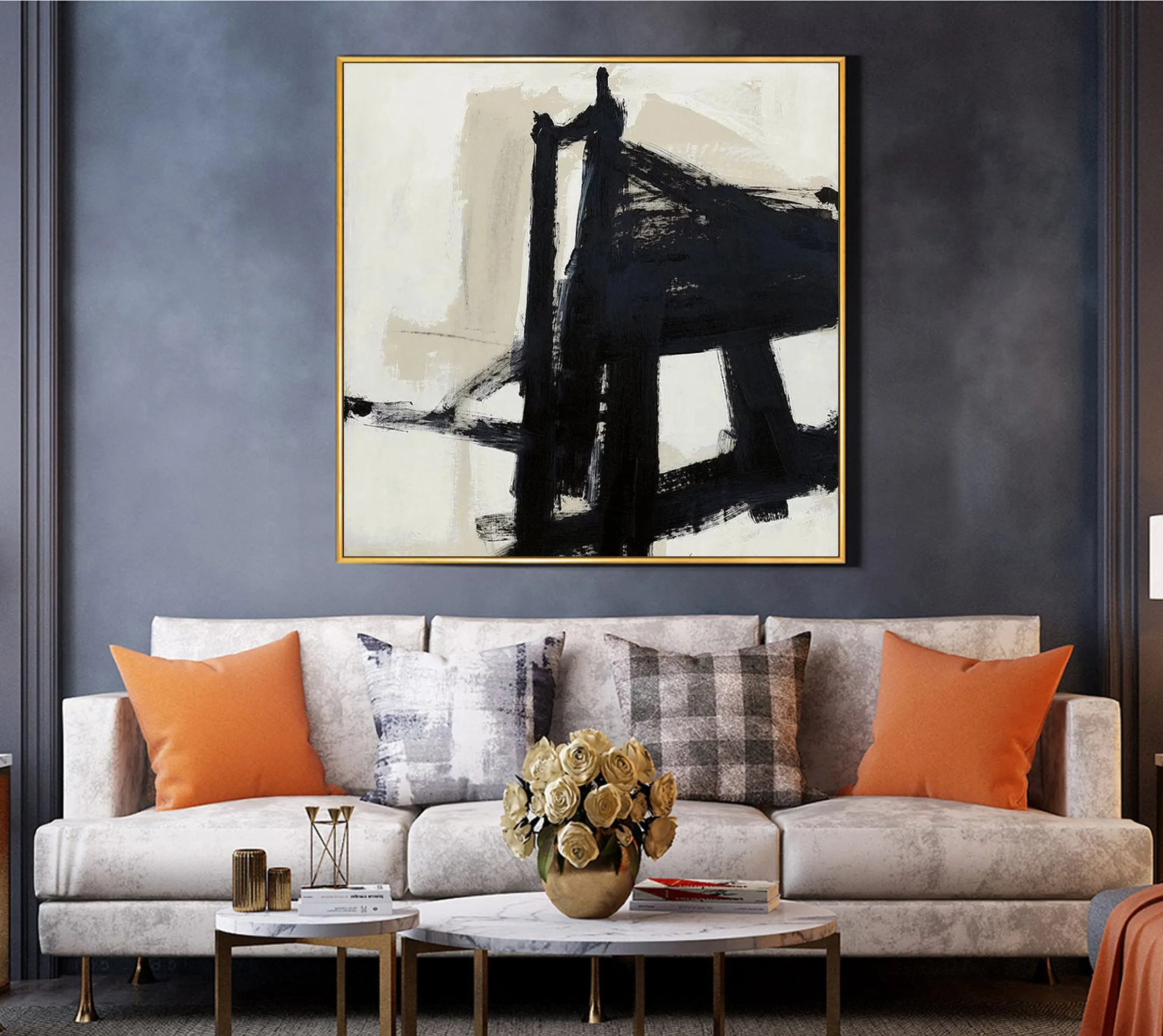 Black and White Abstract Painting on Canvas Minimalist Art Op015