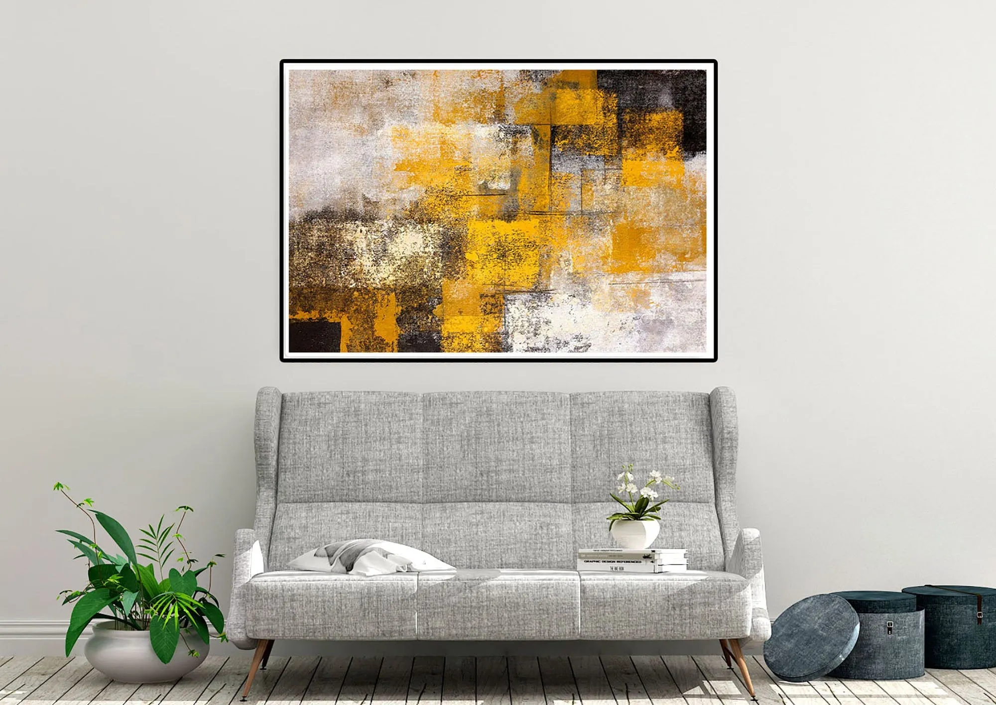 Black And White Yellow Abstrac Painting Apartment Decor Kp076