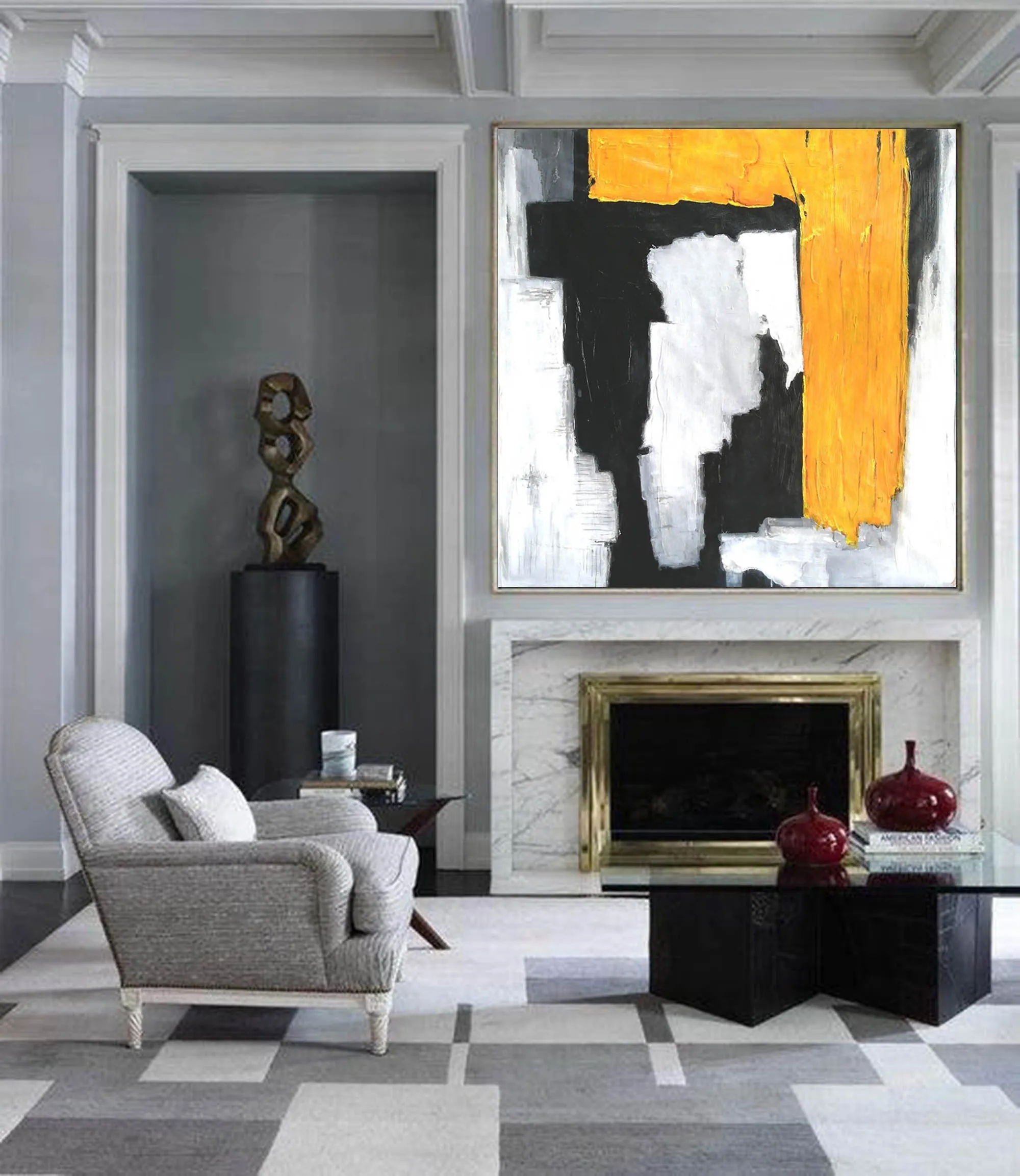 Black And White Yellow Abstract Painting Modern Art On Canvas Sp066