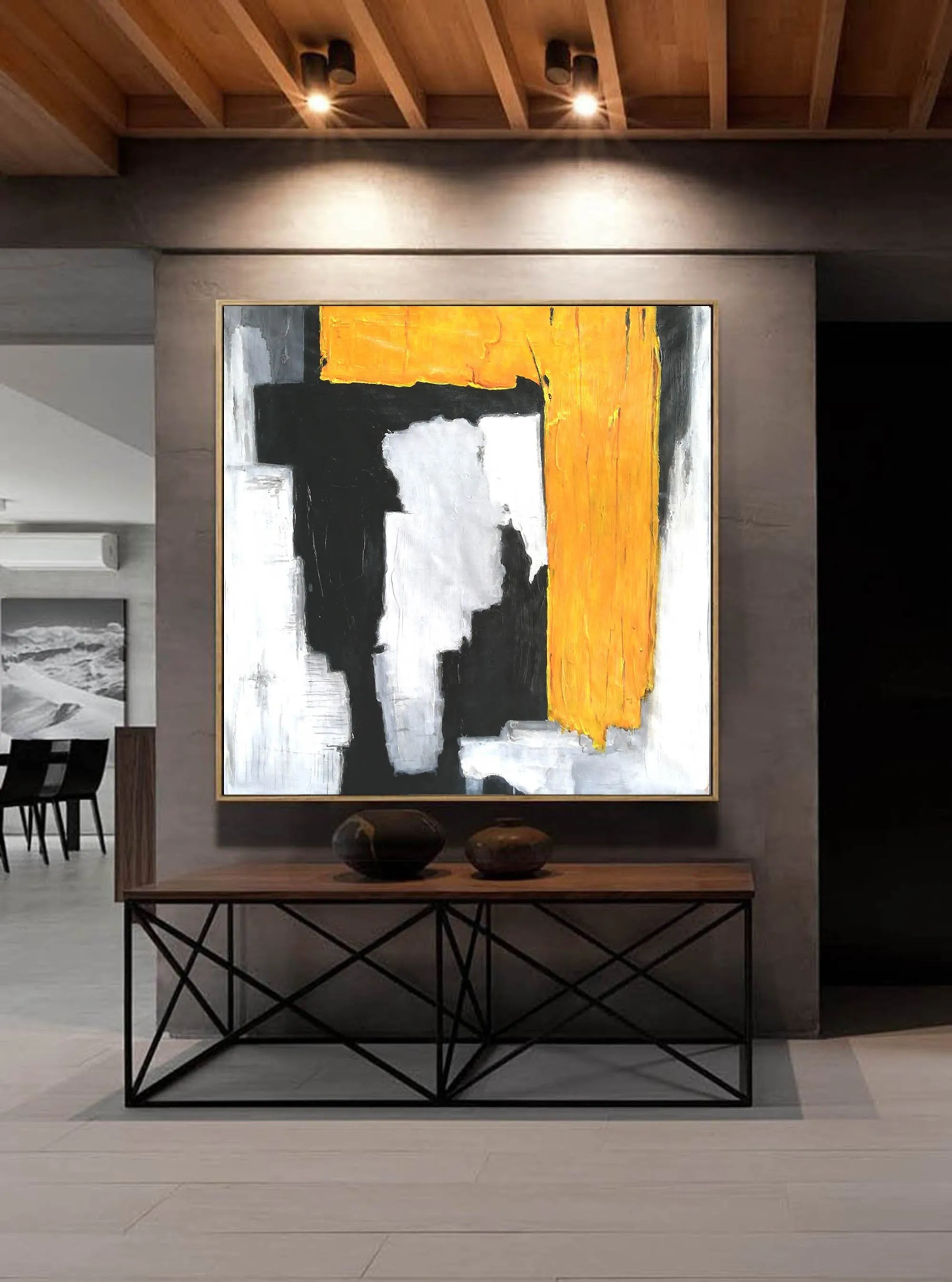 Black And White Yellow Abstract Painting Modern Art On Canvas Sp066