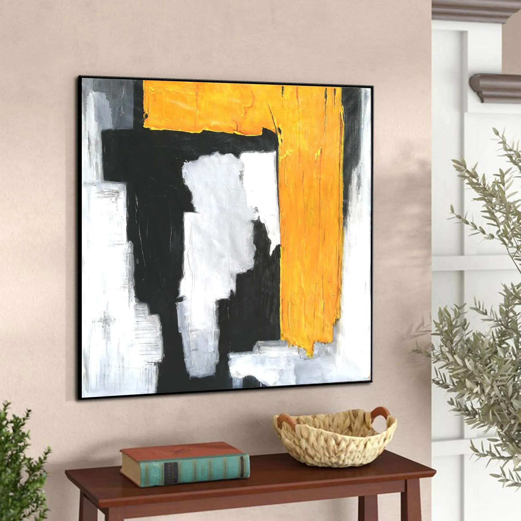 Black And White Yellow Abstract Painting Modern Art On Canvas Sp066