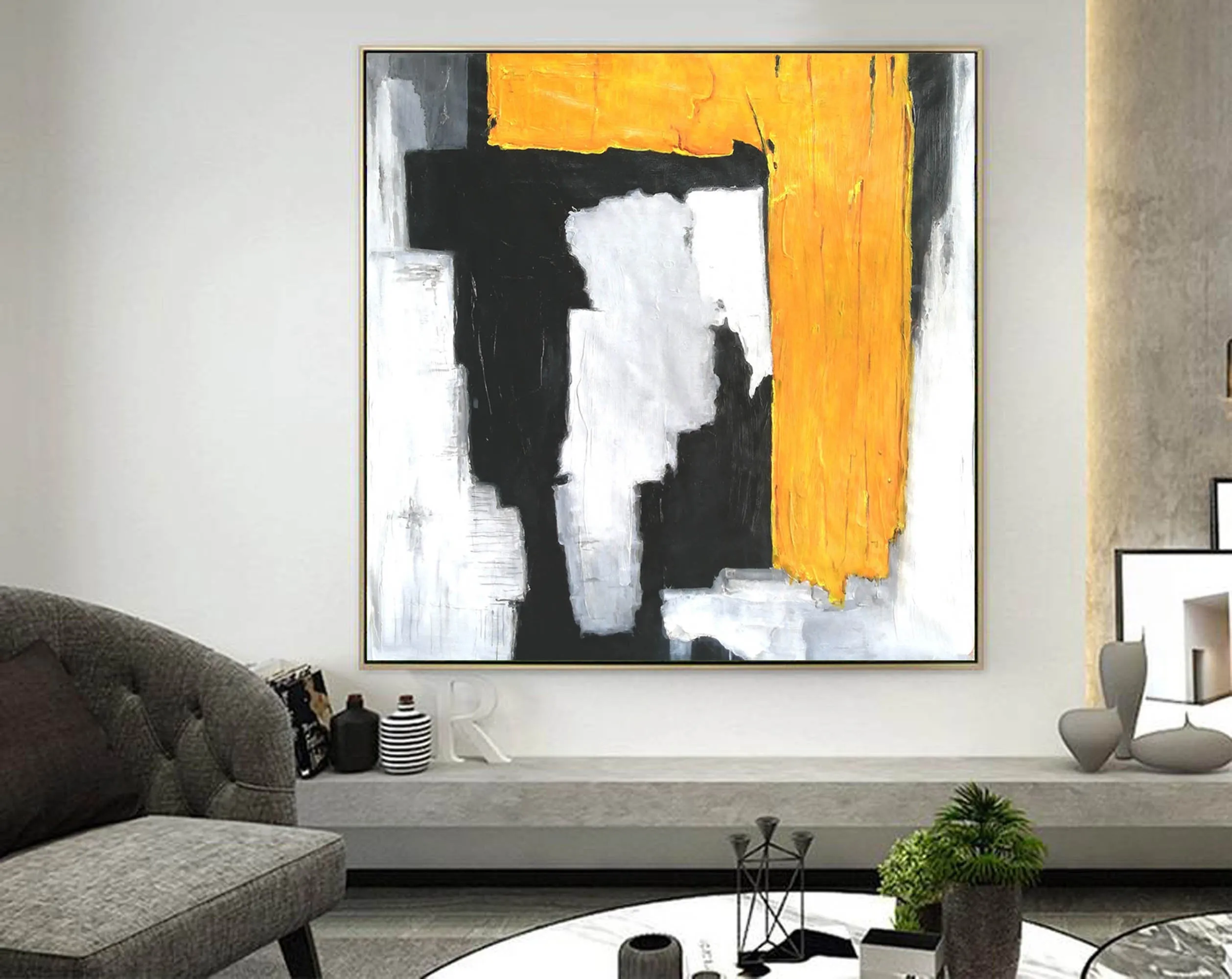 Black And White Yellow Abstract Painting Modern Art On Canvas Sp066