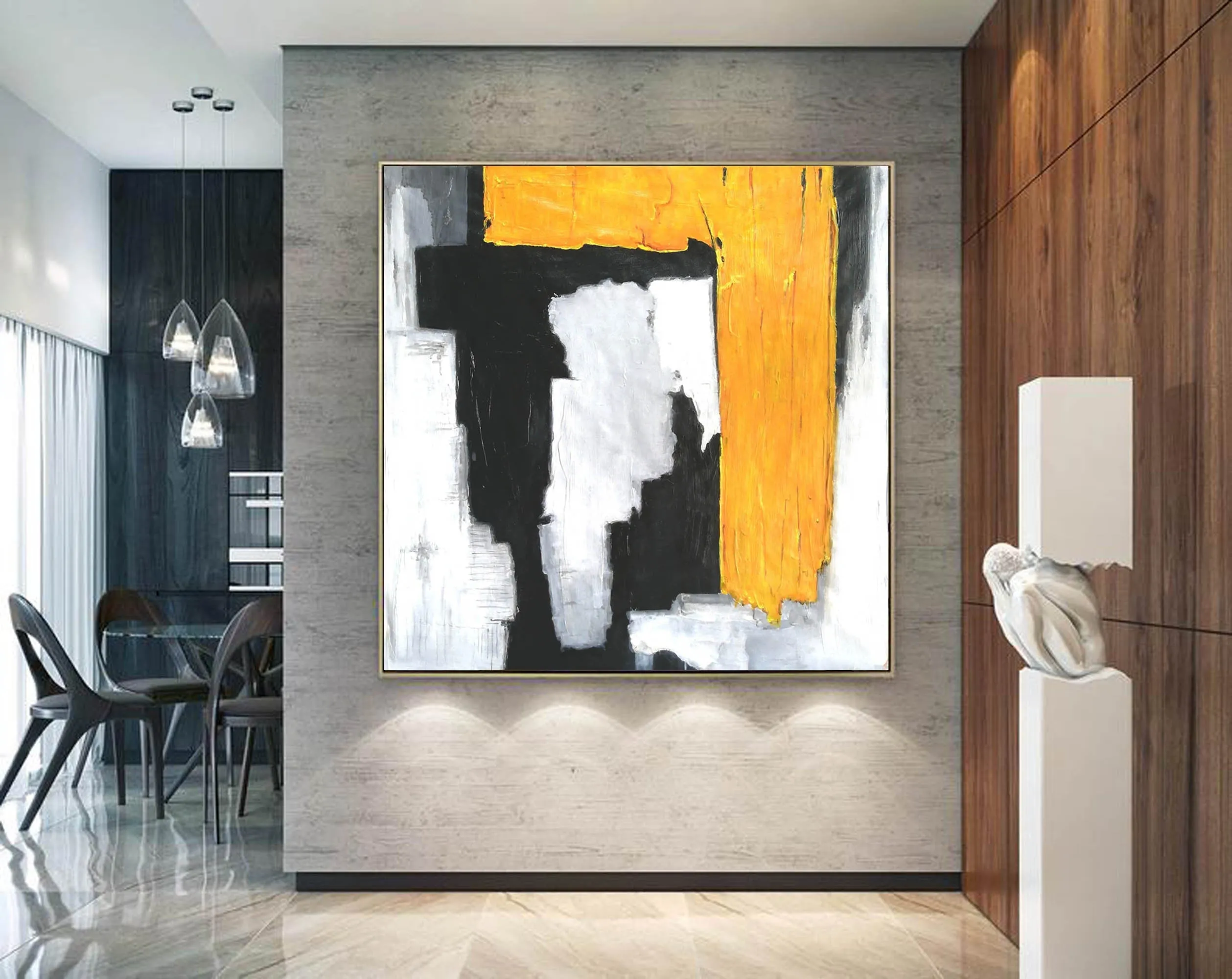 Black And White Yellow Abstract Painting Modern Art On Canvas Sp066