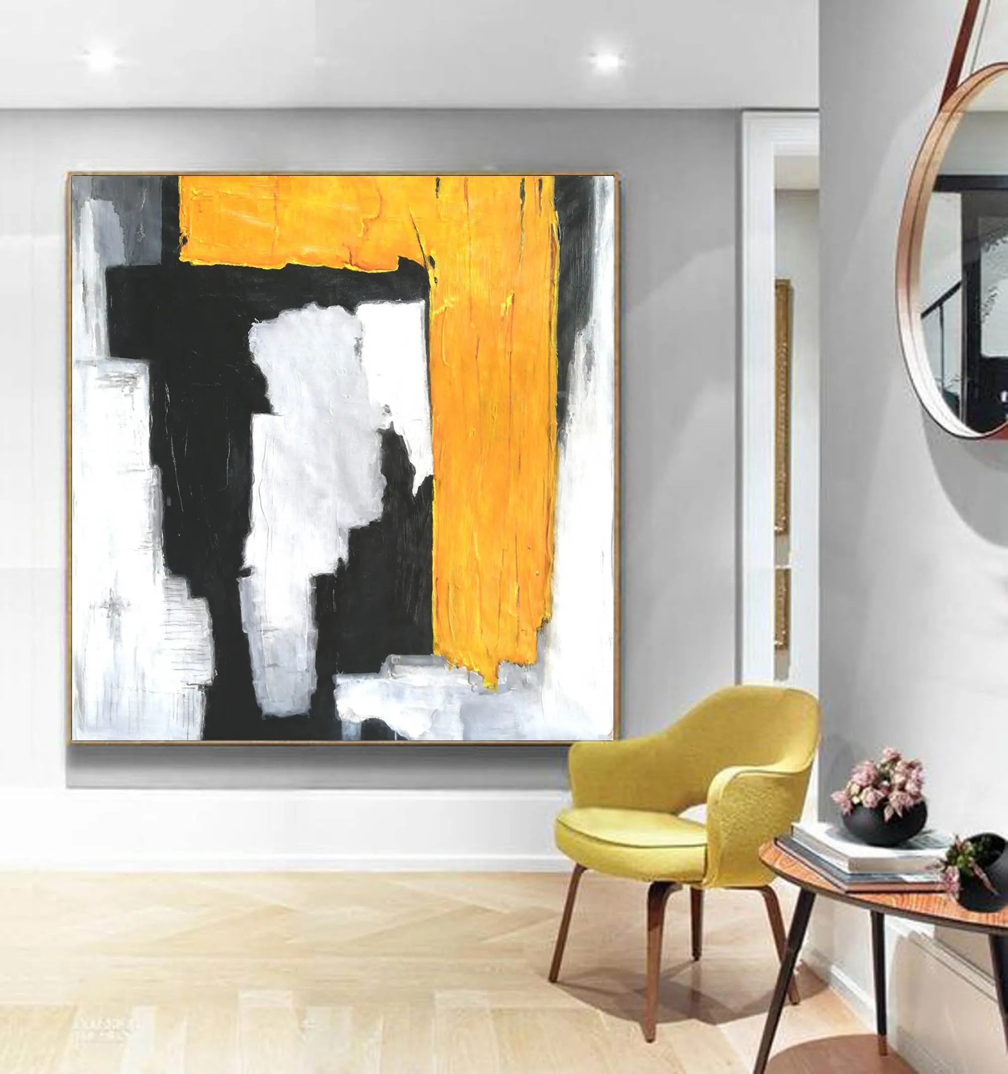 Black And White Yellow Abstract Painting Modern Art On Canvas Sp066