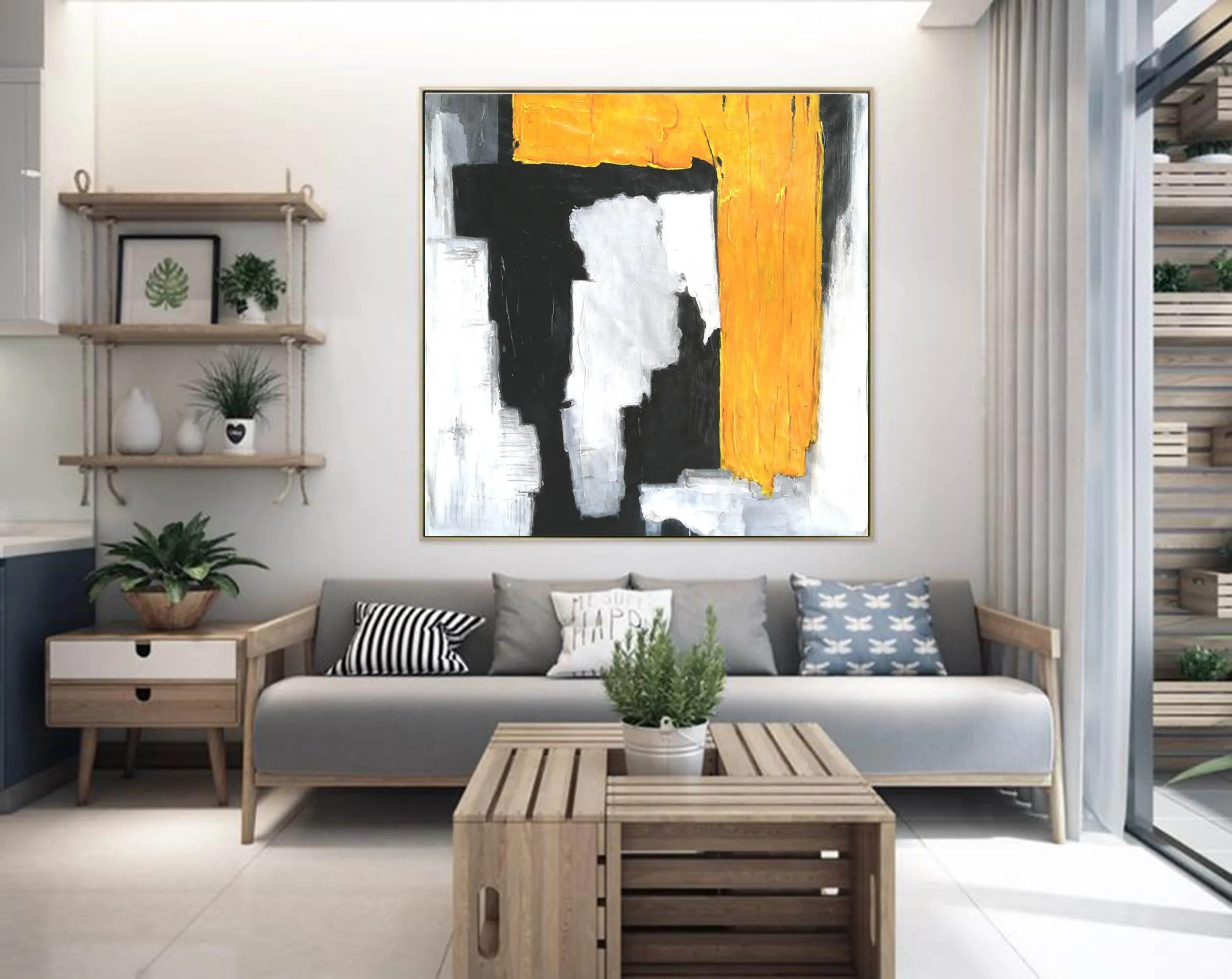 Black And White Yellow Abstract Painting Modern Art On Canvas Sp066