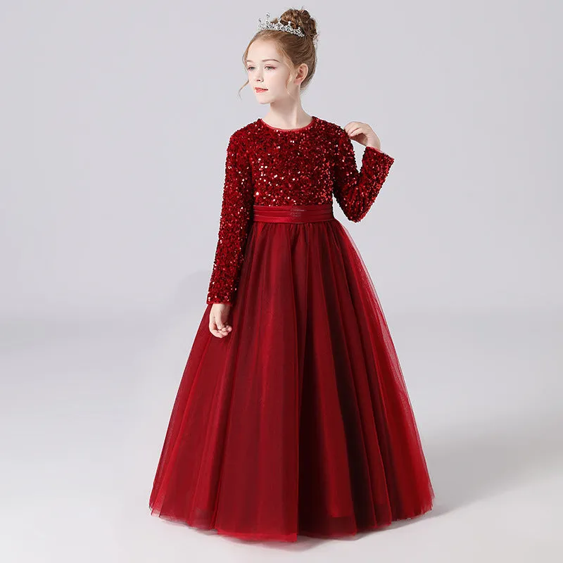 Black Tulle Long Sleeves Floor Length Flower Girl Dress With Sequins