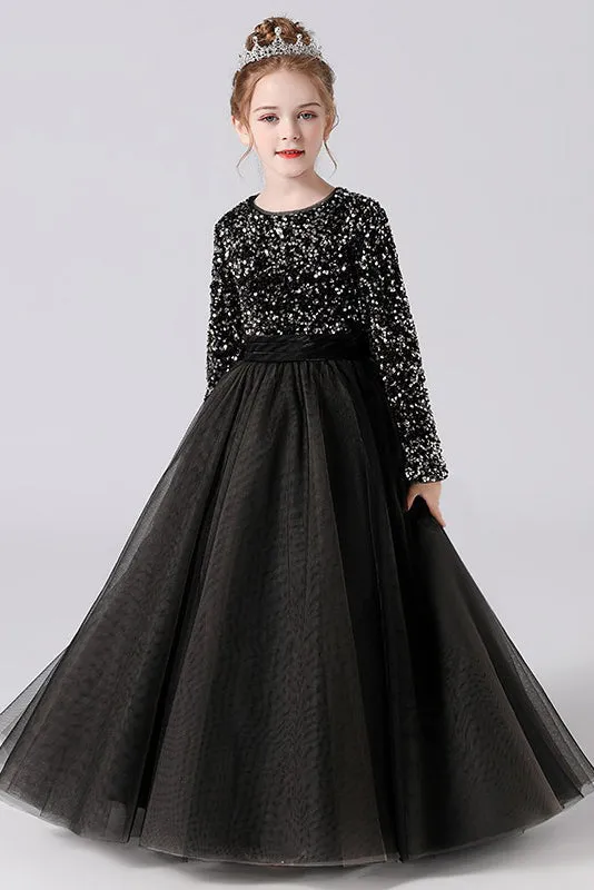 Black Tulle Long Sleeves Floor Length Flower Girl Dress With Sequins