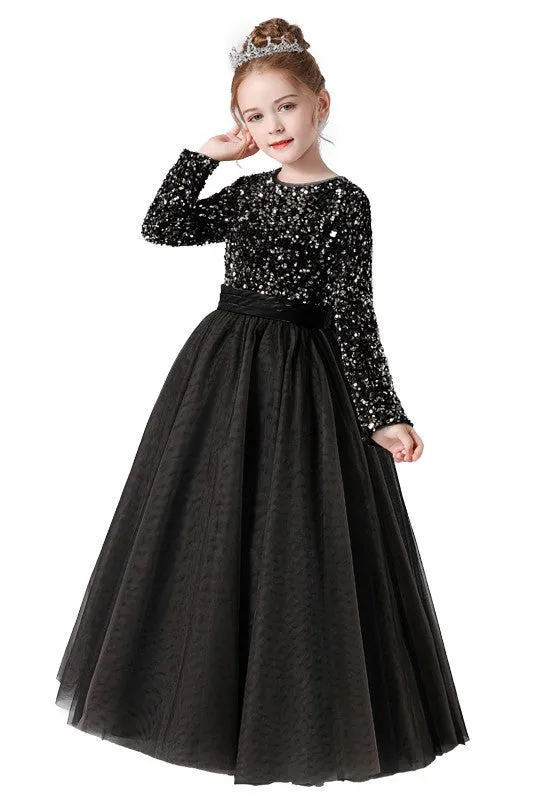 Black Tulle Long Sleeves Floor Length Flower Girl Dress With Sequins