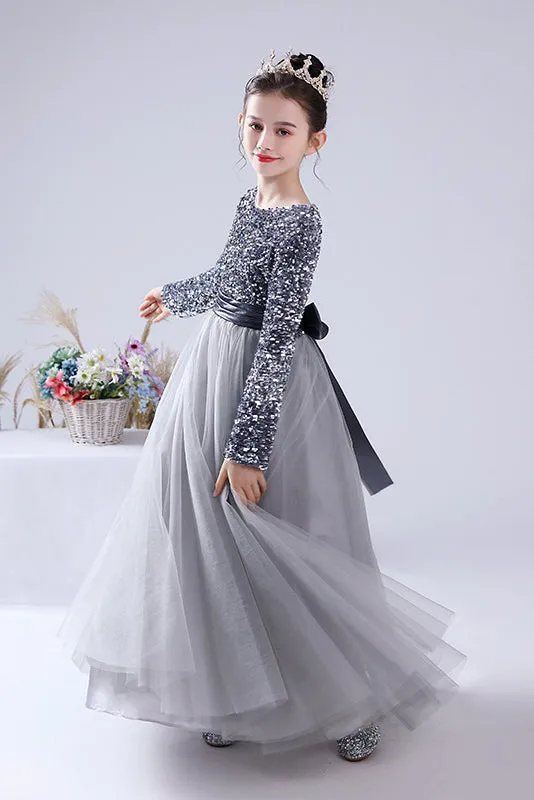 Black Tulle Long Sleeves Floor Length Flower Girl Dress With Sequins