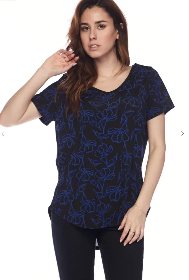 Blue Flower Lines V-Neck High-Low Top