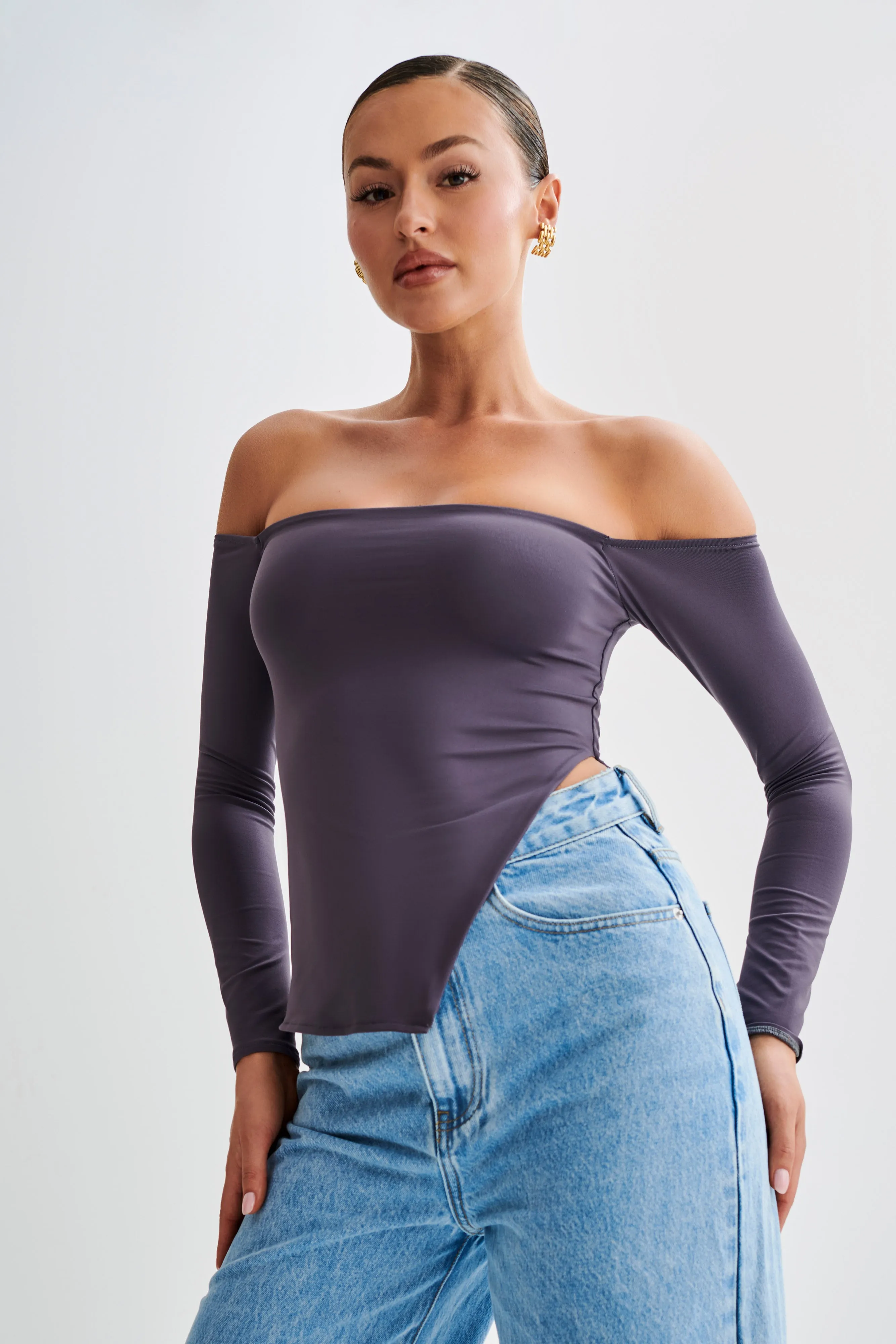 Carmen Recycled Nylon Off Shoulder Top - Charcoal