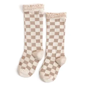 Checkered Lace Top Knee High Socks - Vanilla/Oat