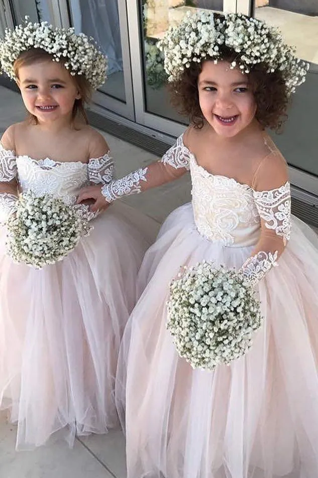 Chic Long Sleeves Off-The-Shoulder Tulle Flower Girl Dress OF122