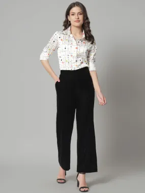 Comfortable Mid Waist Velvet Trouser- Black