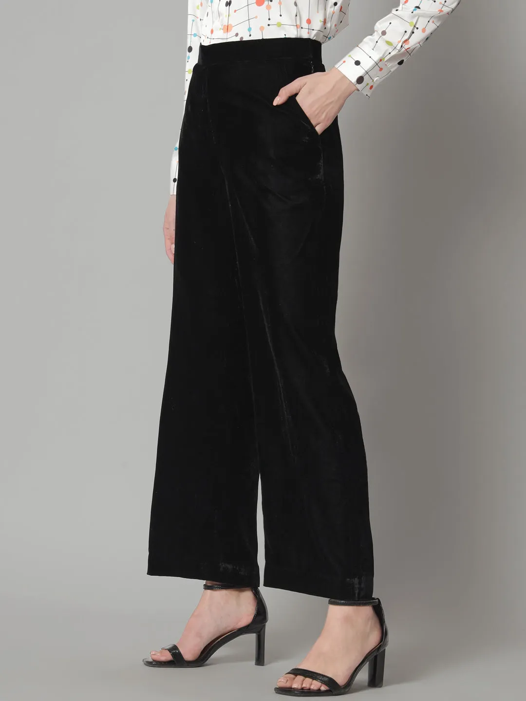 Comfortable Mid Waist Velvet Trouser- Black