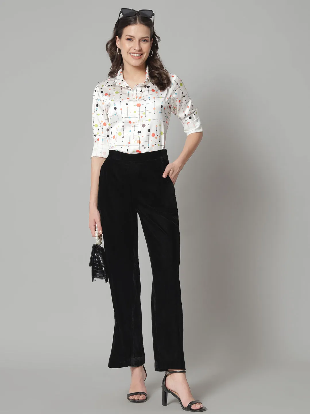 Comfortable Mid Waist Velvet Trouser- Black