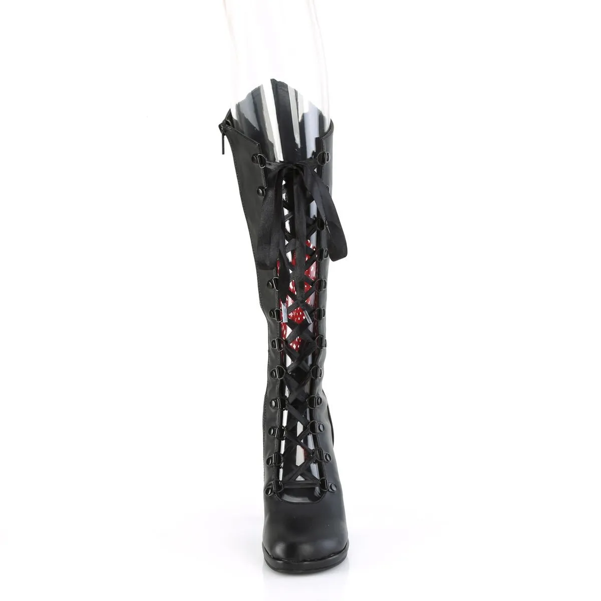 Demonia GLAM-243 | Blk & Red V. Leather & Satin Knee High Boots