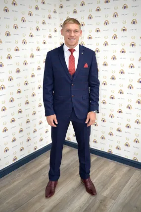 Derby County Forward Martyn Waghorn in Edinson Navy & Wine Suit