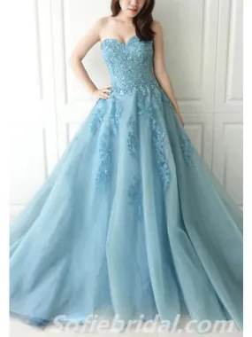 Elegant Blue Tulle Sweetheart Applique A-Line Long Prom Dresses,SFPD0321