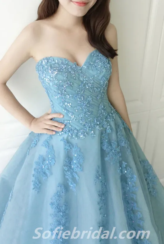 Elegant Blue Tulle Sweetheart Applique A-Line Long Prom Dresses,SFPD0321