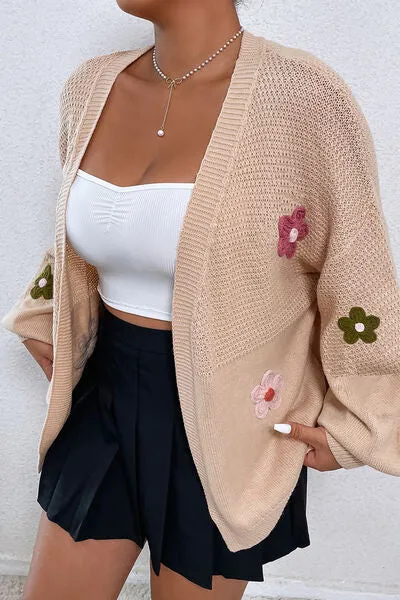 Flower Open Front Dropped Shoulder Cardigan