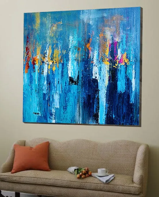 Large Palette Knife Canvas Art Blue Abstract,Painting on Canvas Np020