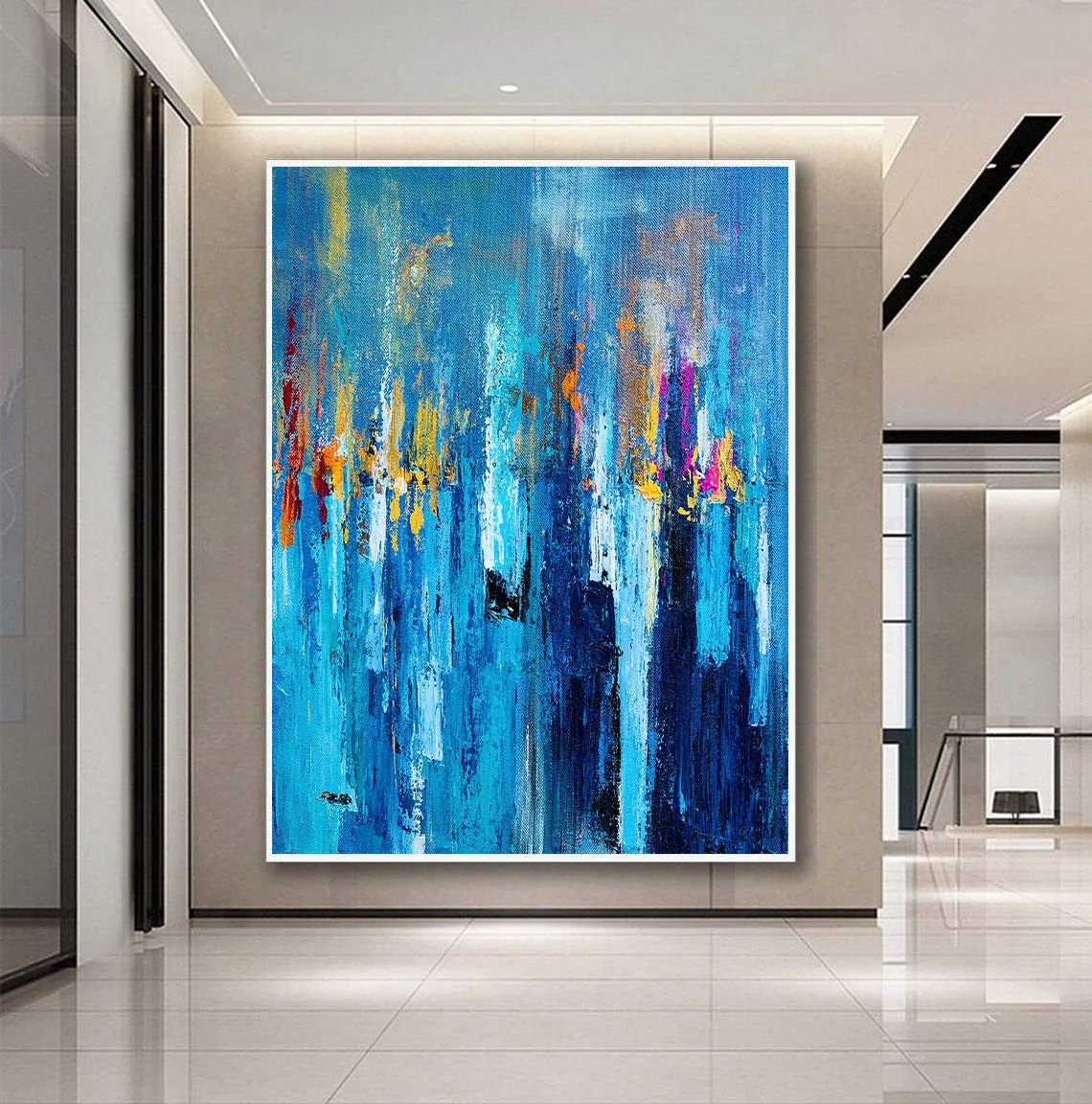 Large Palette Knife Canvas Art Blue Abstract,Painting on Canvas Np020