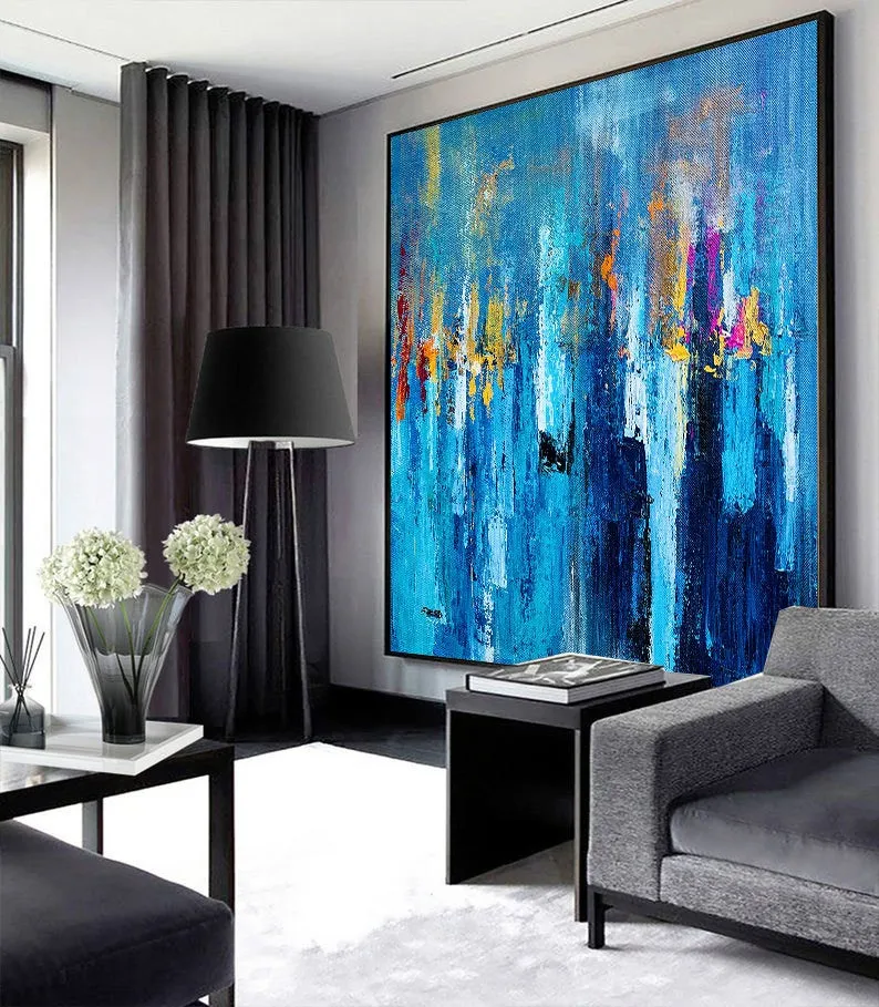 Large Palette Knife Canvas Art Blue Abstract,Painting on Canvas Np020