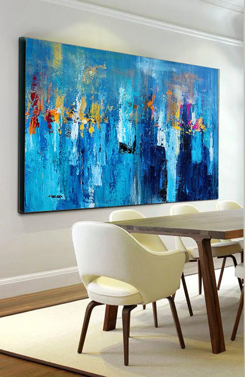 Large Palette Knife Canvas Art Blue Abstract,Painting on Canvas Np020