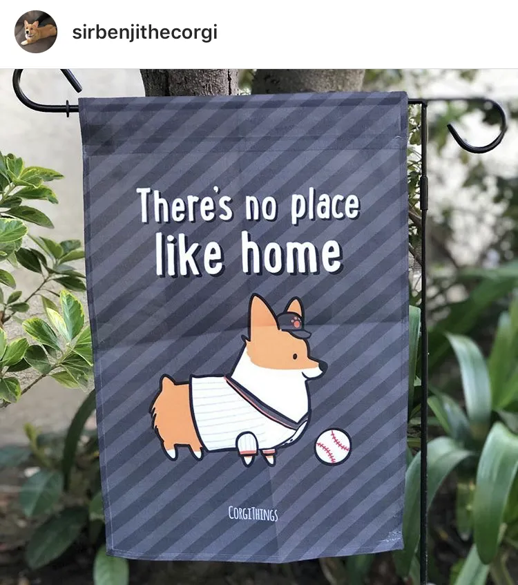 "No Place Like Home" Baseball Corgi Garden Flag | Gray and Orange