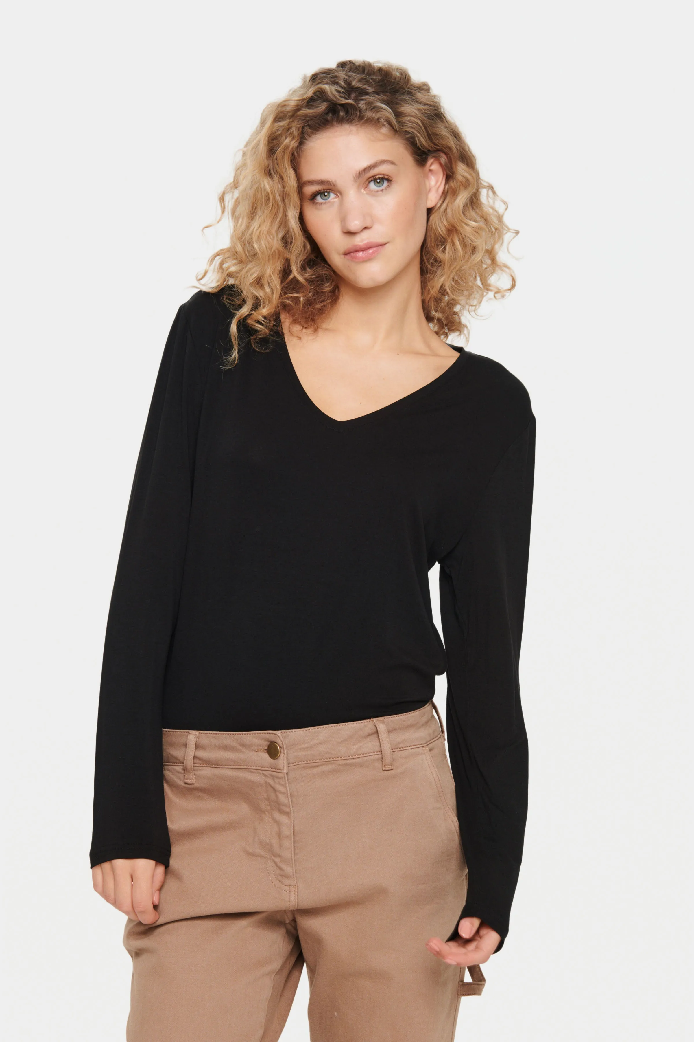 Saint Tropez Adelia Cotton V-Neck Long Sleeved T-Shirt Blouse in Black